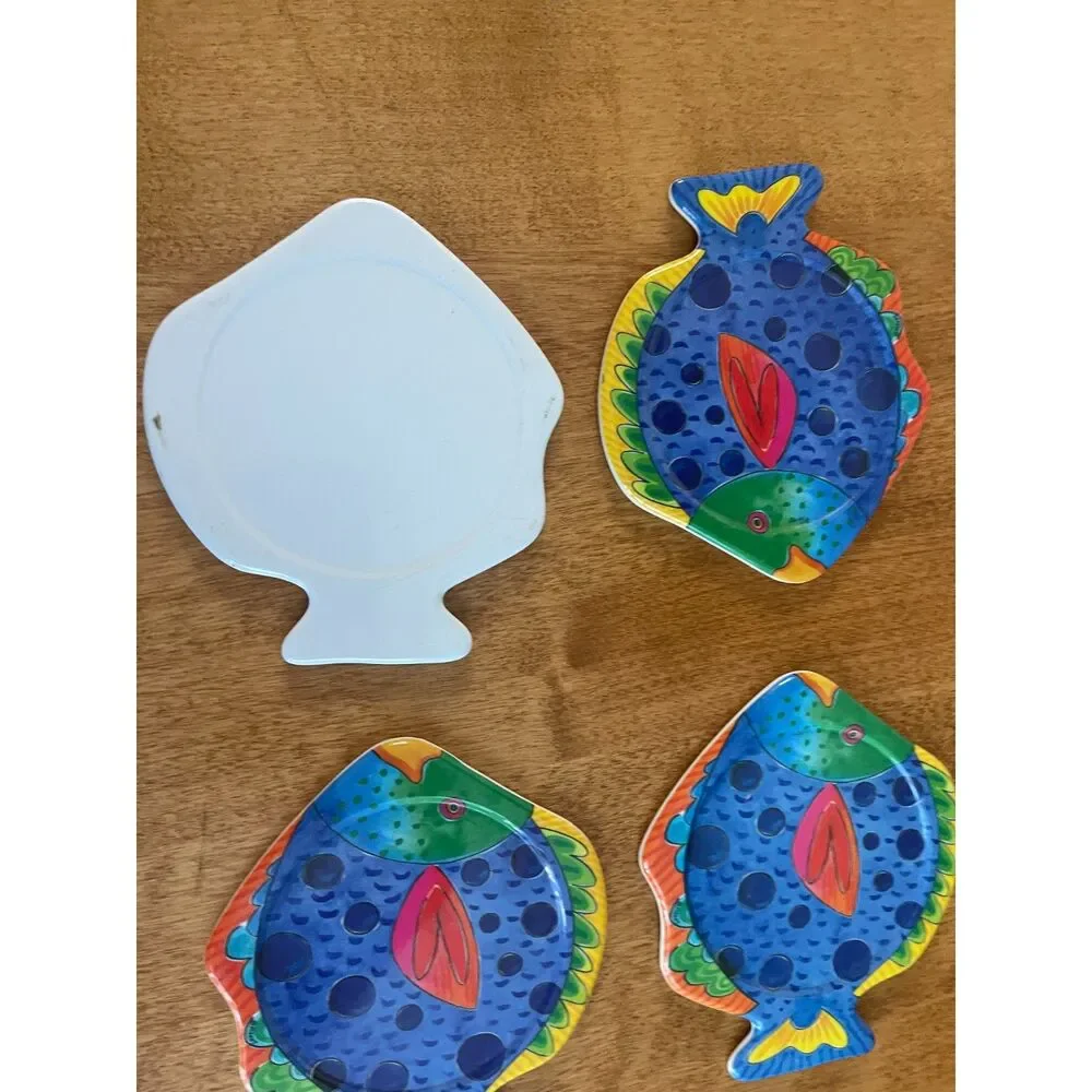 Vintage Coaster Set Plastic Fish Shape MCM Colorful Atomic Retro 80s Beach House